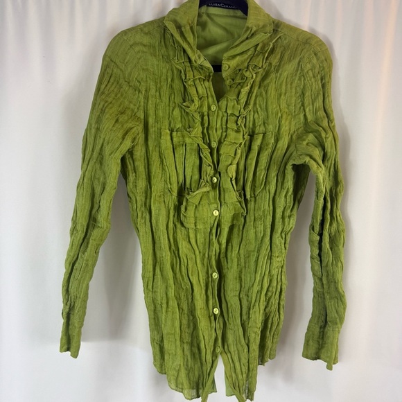 Luisa Cerano Green Crinkled Button-Up Blouse USA 14    43 % silk - Picture 1 of 16